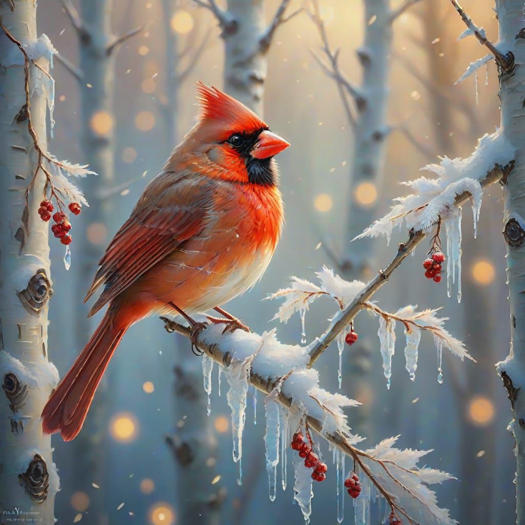 Cardinal on Birch in Warm Light, Luminist Painting