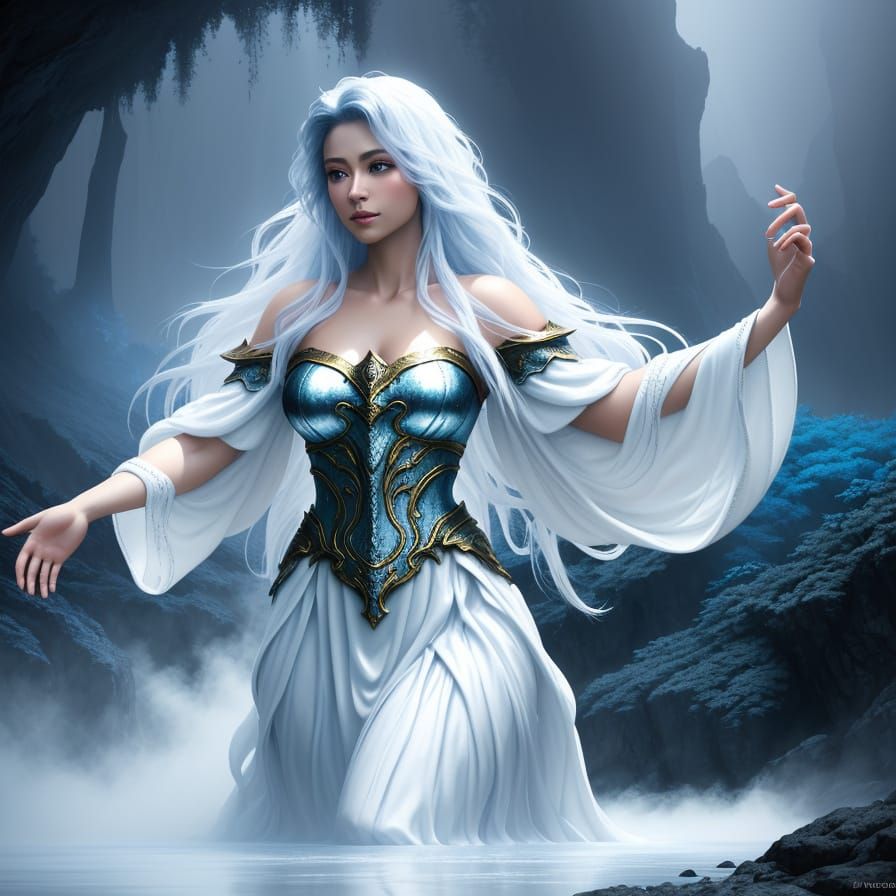 Majestic Woman Emerges from Shimmering Lake: Fantasy Art
