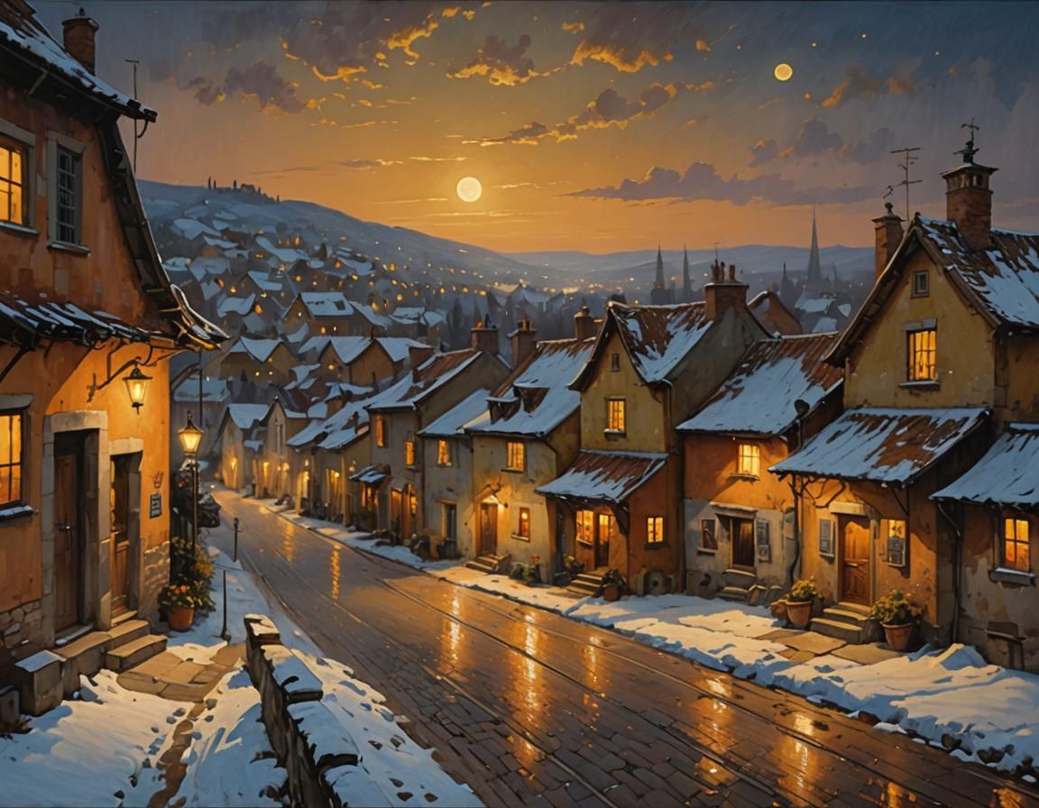 Quiet Village at Night in James Gurney Style