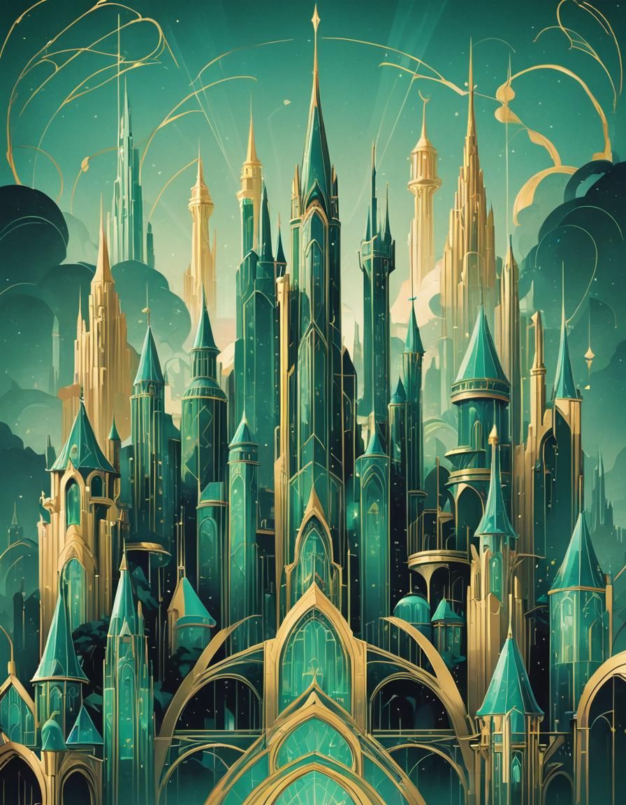 Art Deco Emerald City Poster with Turquoise Glow