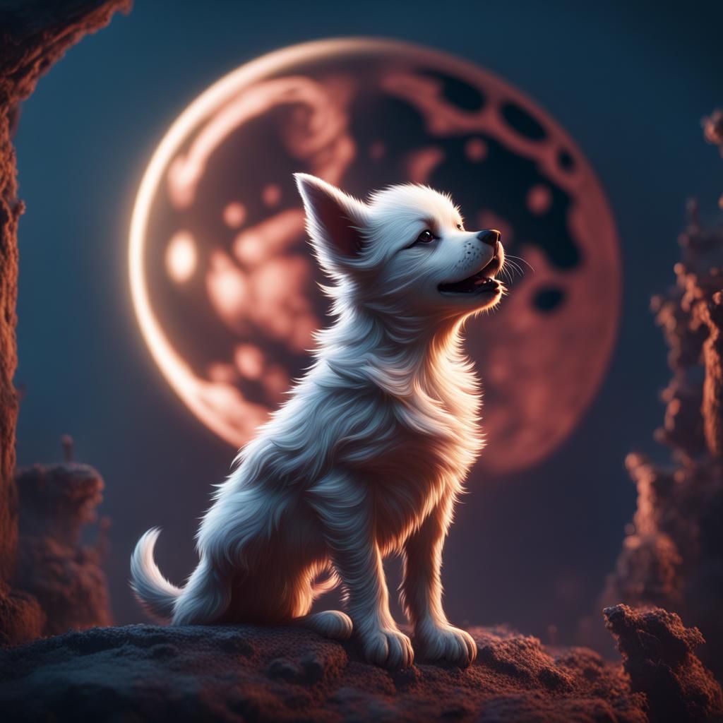 Cute Evil Puppy Howling at Moon in Fantasy Art