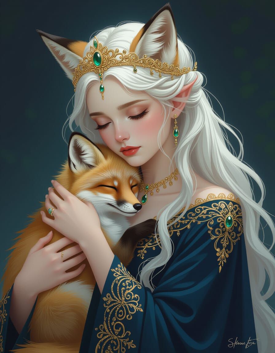 Ethereal Fox-Woman Portrait with Sleeping Child