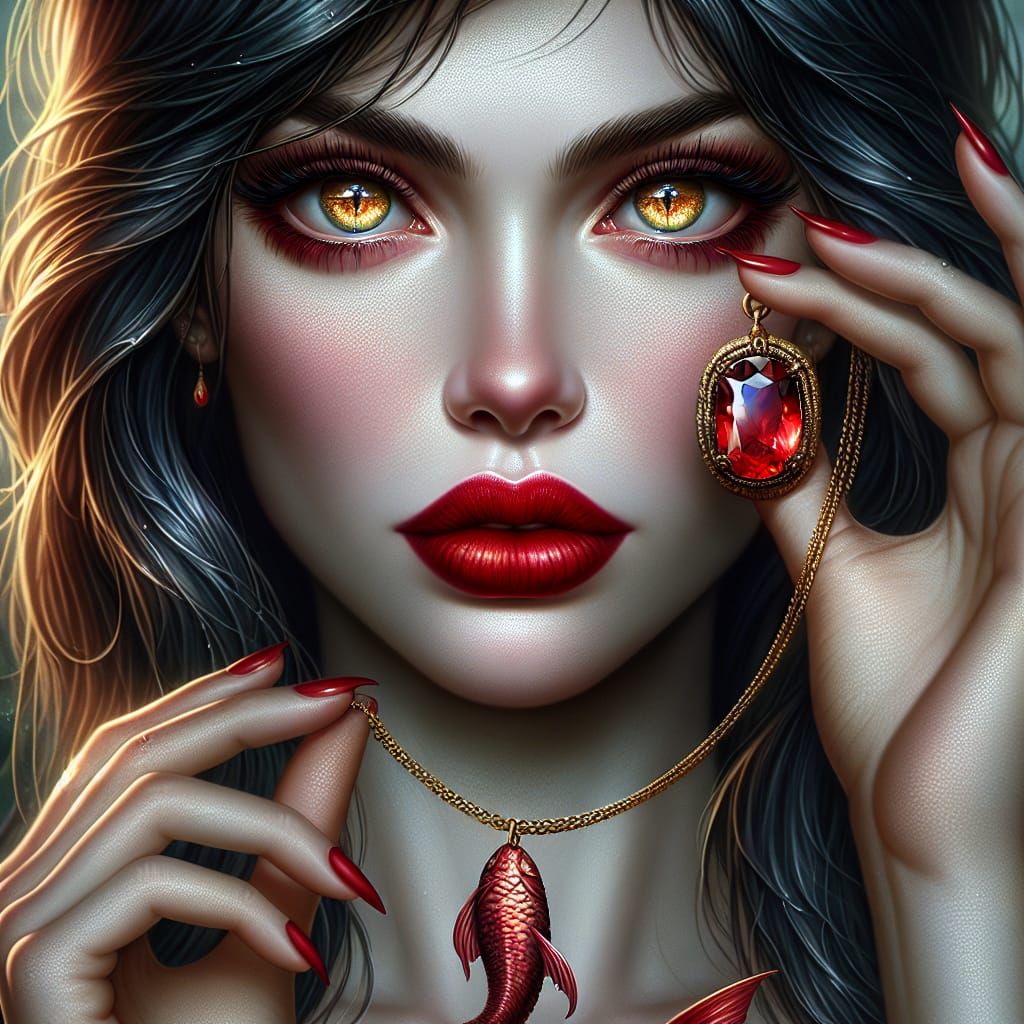 Enchanting Mermaid Gazing at Ruby Necklace in Golden Glow