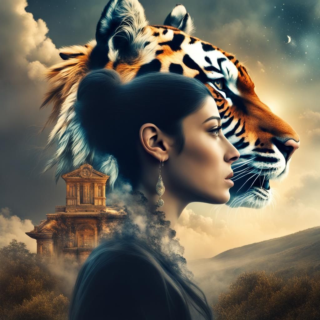 Double Exposure : magic realism : digital collage: Lebanese woman : tiger head : moonshine sky