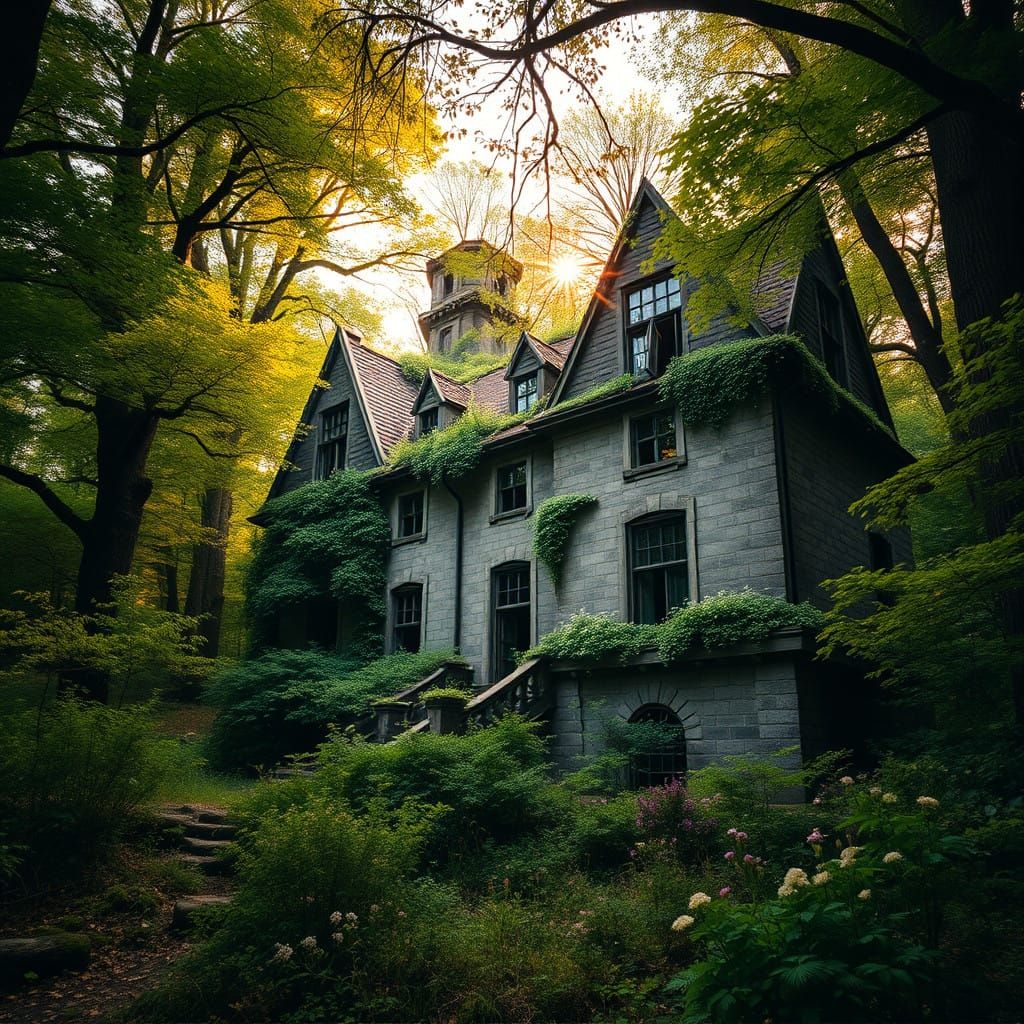 Ancient Mansion Overgrown by Vibrant Forest in Warm Golden L...