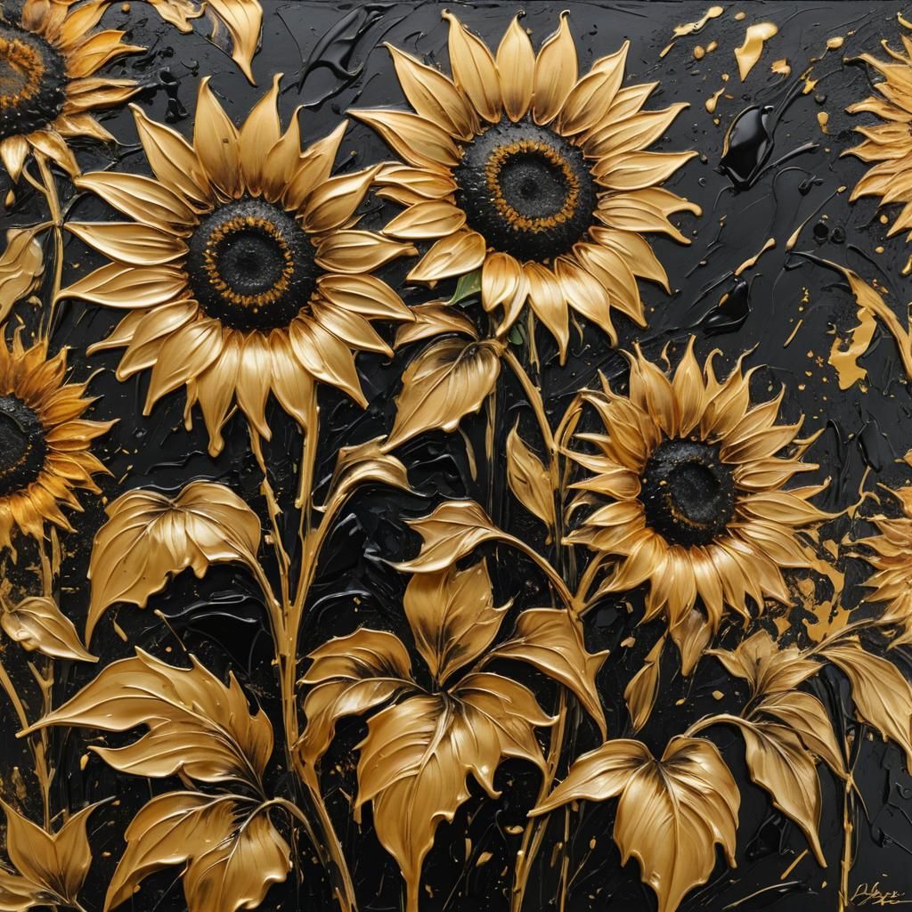 Dark Sunflower Impasto Action Painting in Gold and Black
