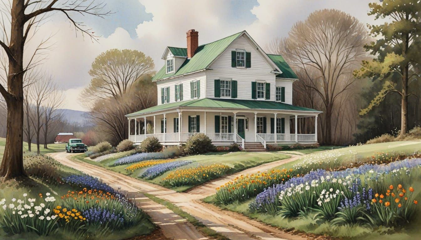 Idyllic Watercolor Farmhouse in Spring Bloom