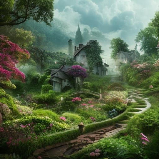 Blooming Village in Forest: Digital Matte Painting