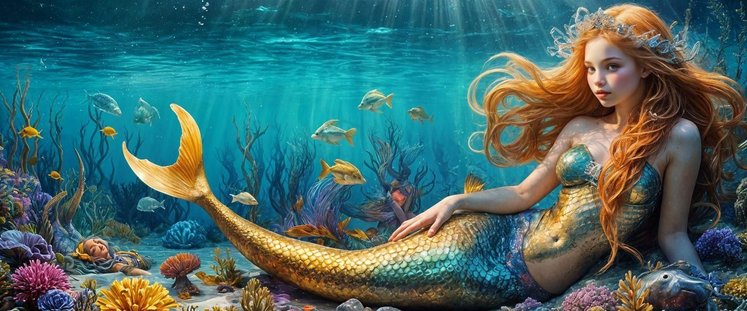 Mermaid with Seahorse in Watercolor Style