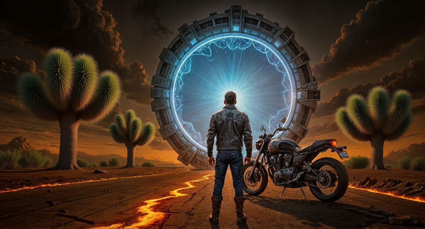 Biker at Portal in Desolate Sci-Fi Landscape