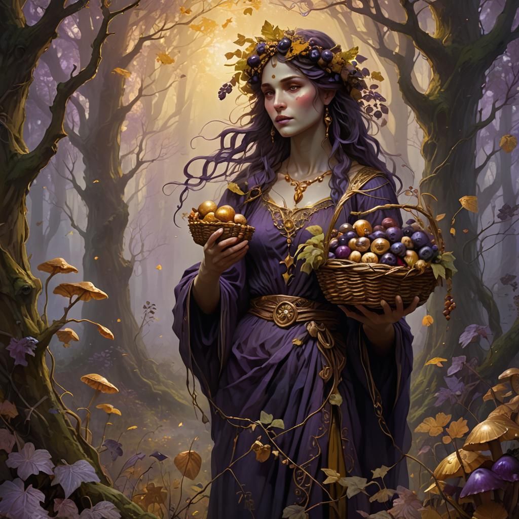 Harvest Goddess in Misty Forest: Dark Fantasy Art