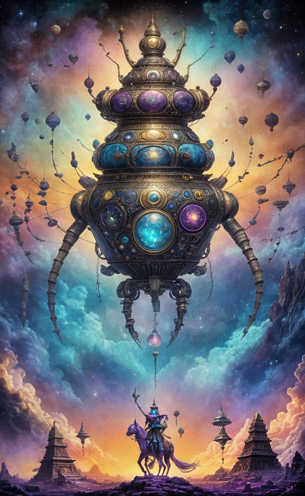 Cosmic Fantasy Couple on Magic Web Between Pyramids