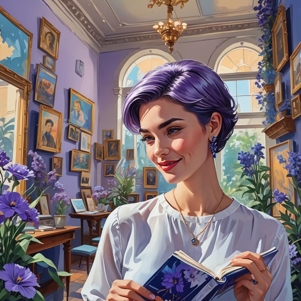 Pop Art Influencer in Museum Admiring Flower Art