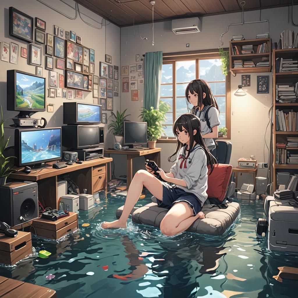 Anime Girl Plays Games as Room Floods