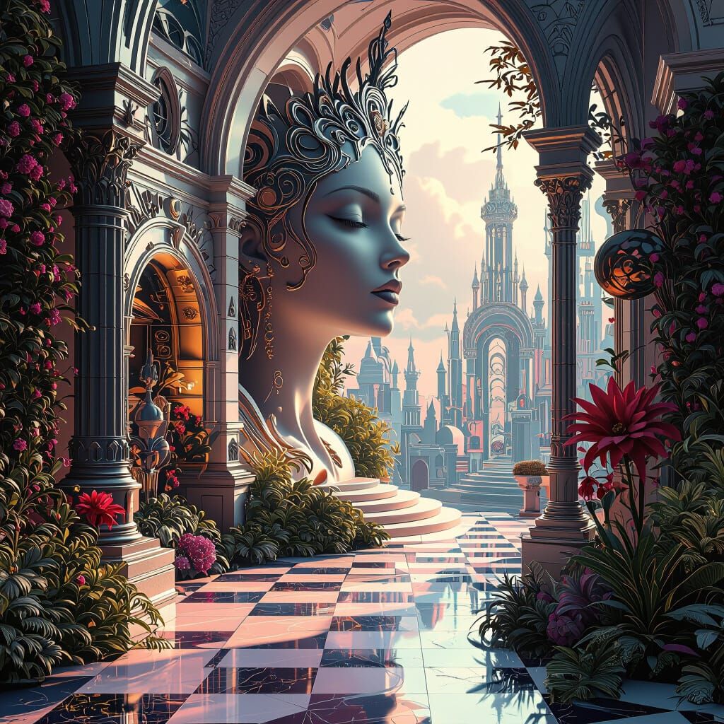 Elegant Fantasy Scene Rendered in Vivid, Surreal Style