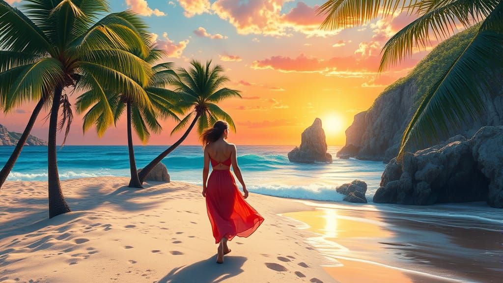 Tropical Beach Scene in Impressionist Style