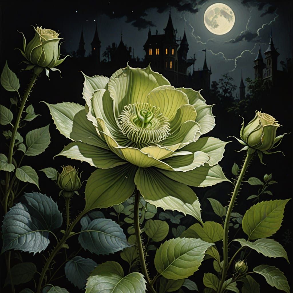 Gothic Botanical Rose Blooms with Mysterious Smile in Moonli...