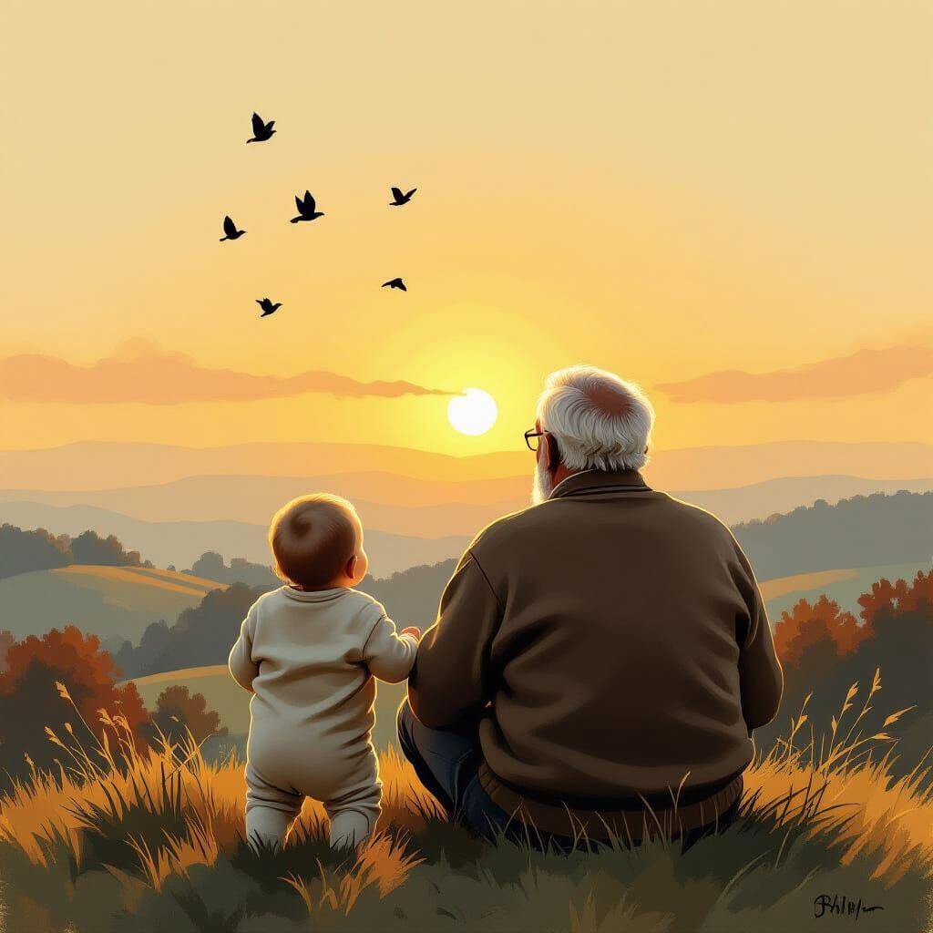 Golden Sunrise: Baby and Elder Watch the Horizon