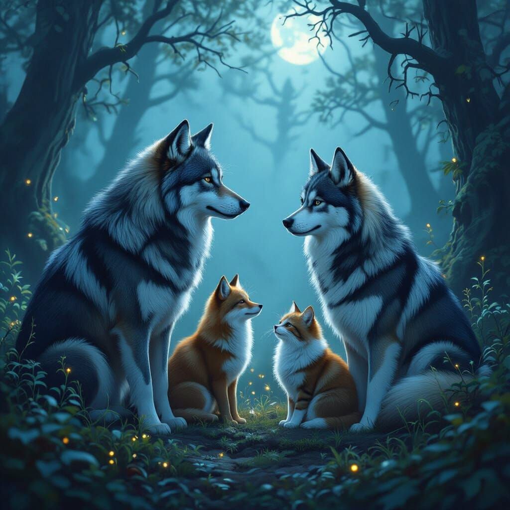 Wolf, Fox, Husky, and Cat in Moonlit Forest