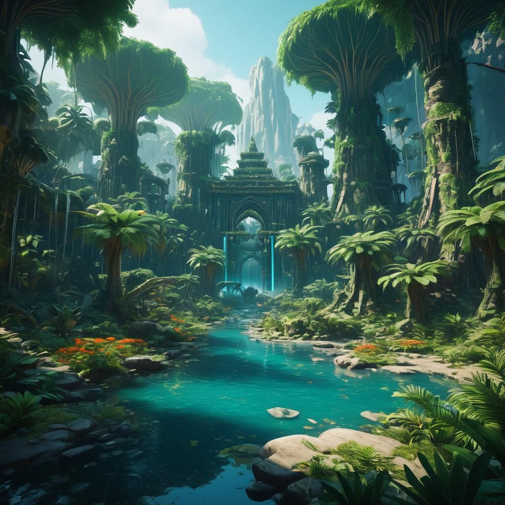 Lush Jungle Oasis in Detailed Matte Painting