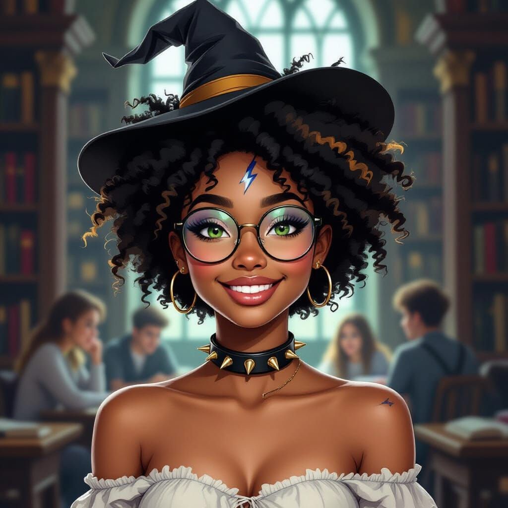 Smiling African Girl in Library with Wizard Hat