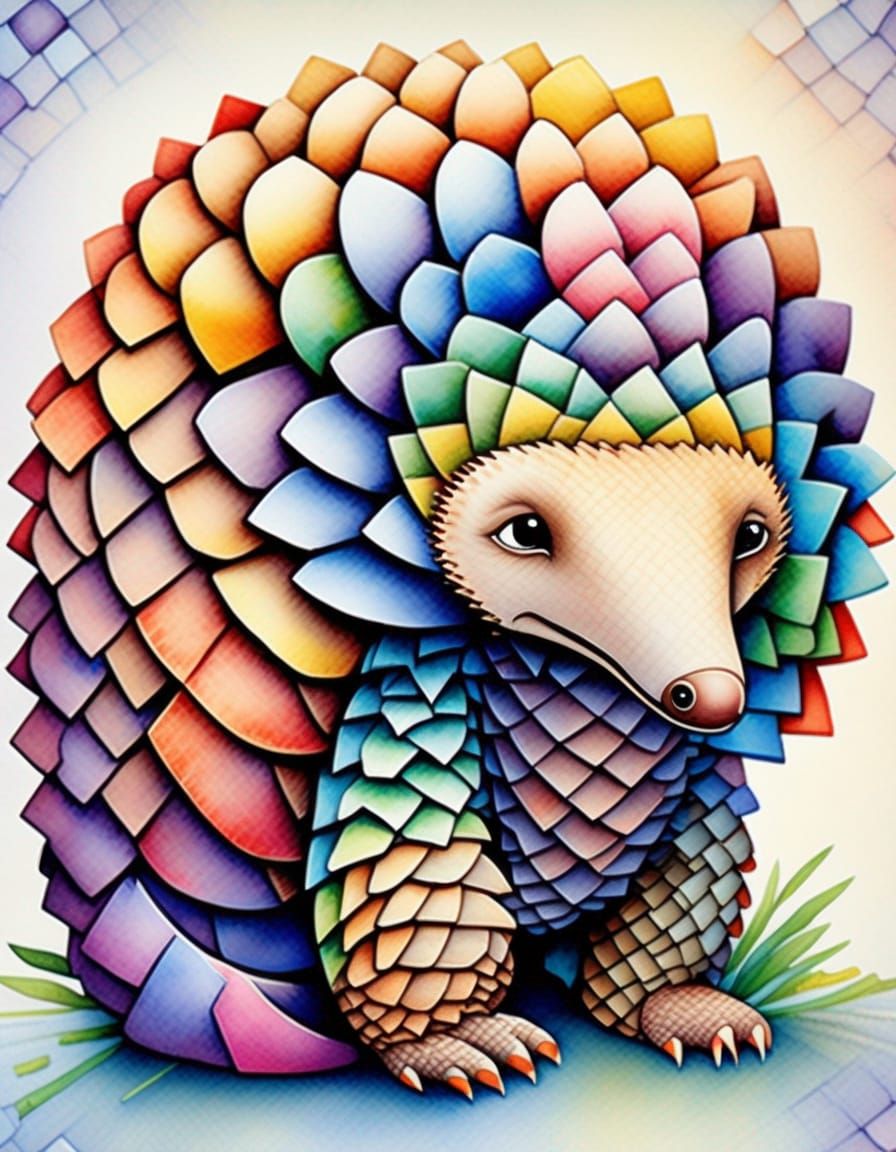 Adorable Pangolin in Watercolor Cubist Style