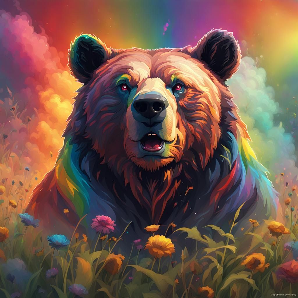 Bear in Field with Rainbow Smoke, Detailed Portrait