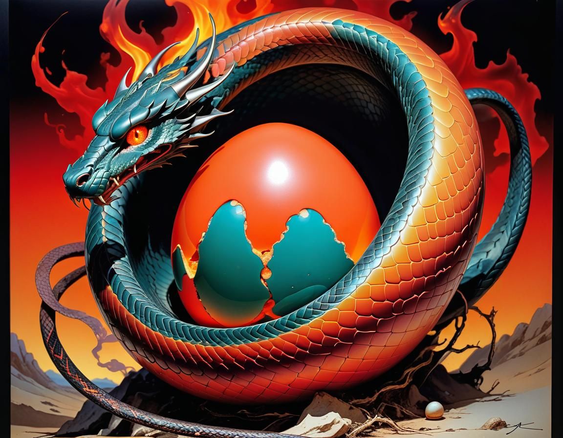 Surreal Dragon Fire Snake Egg in Abstract Style