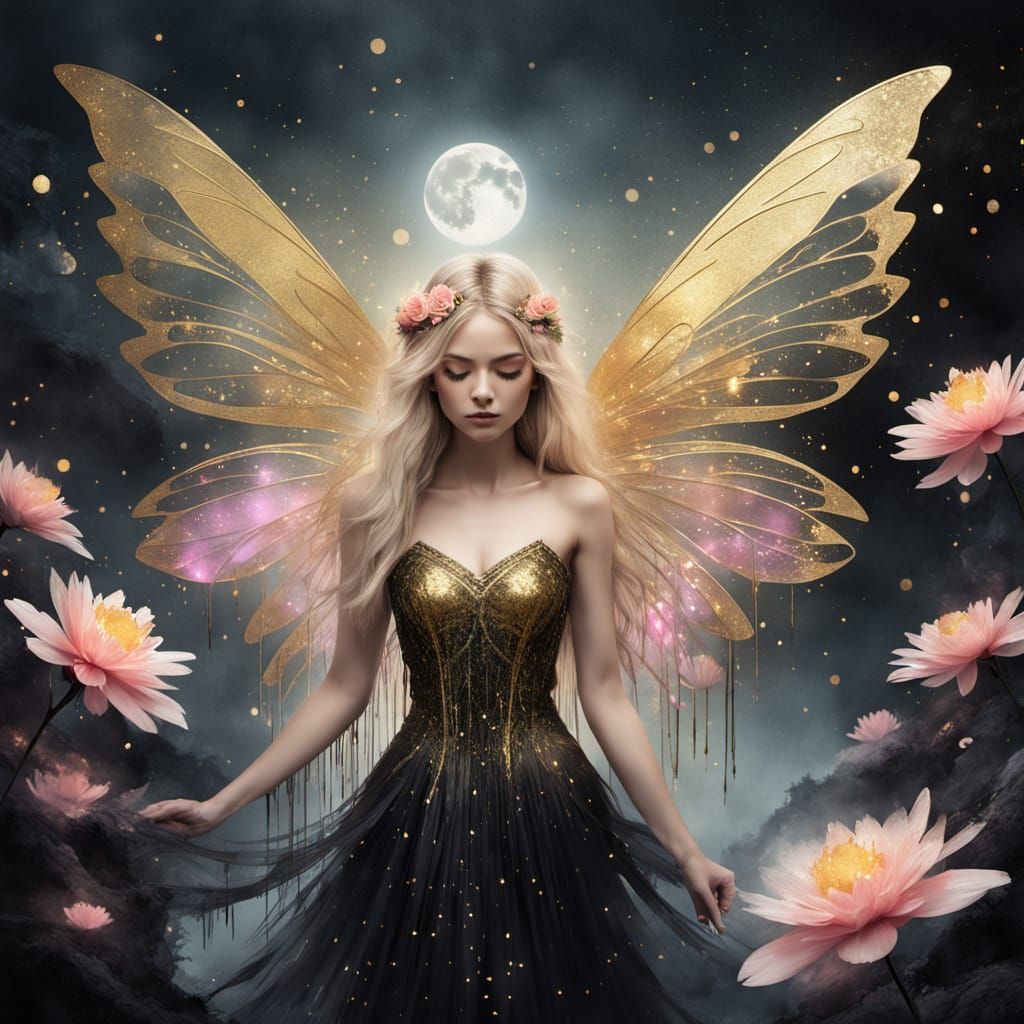 Iridescent Fairy with Golden Eyes and Wings