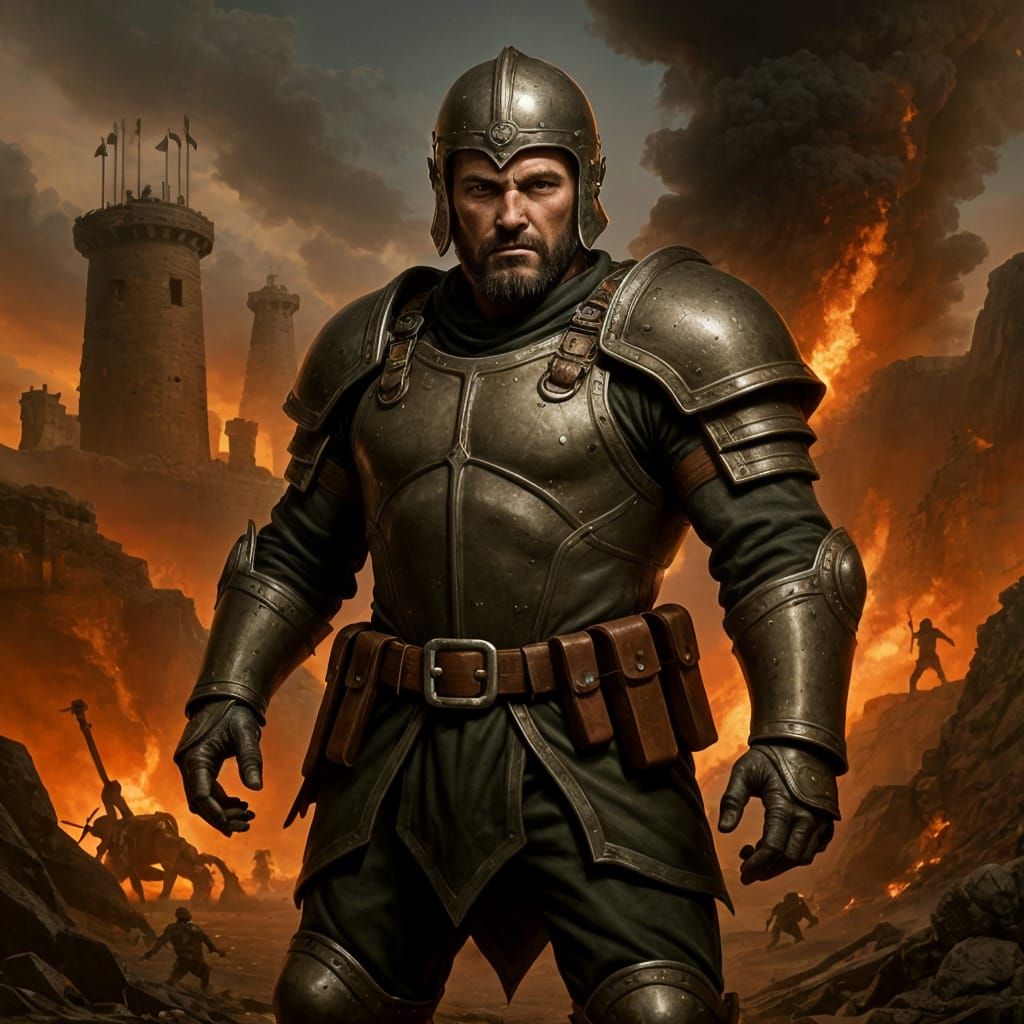 Roman Commander Defiant Amidst Burning City Siege