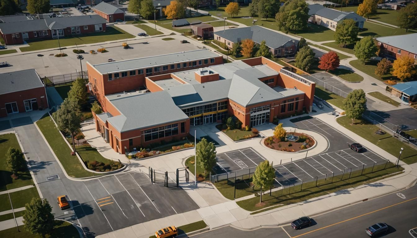 Aerial View of Brick Elementary School with Playground