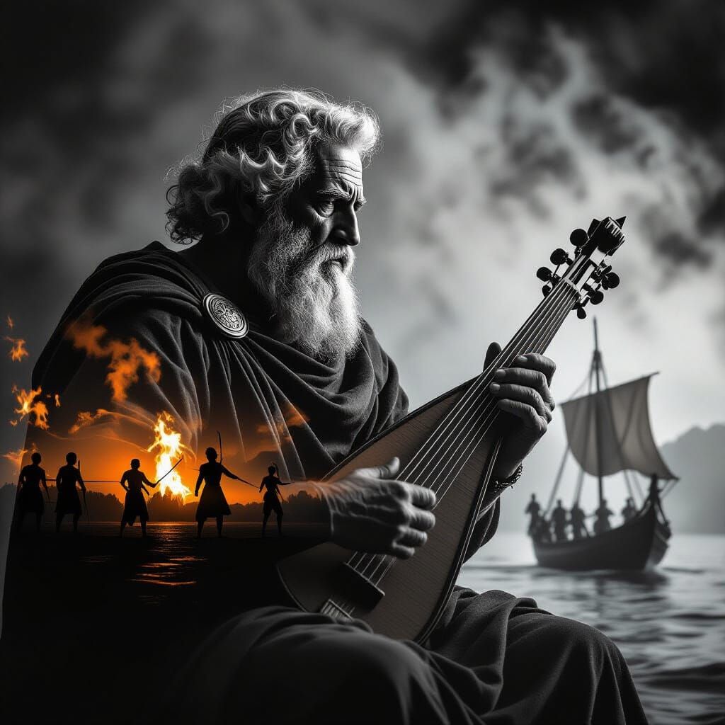 Ancient Greek Lyre Player in Smoky Battle Scene