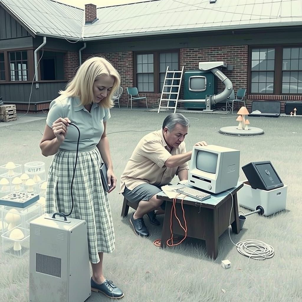 Peruvian-Americans Repairing Computer in 1950s Style