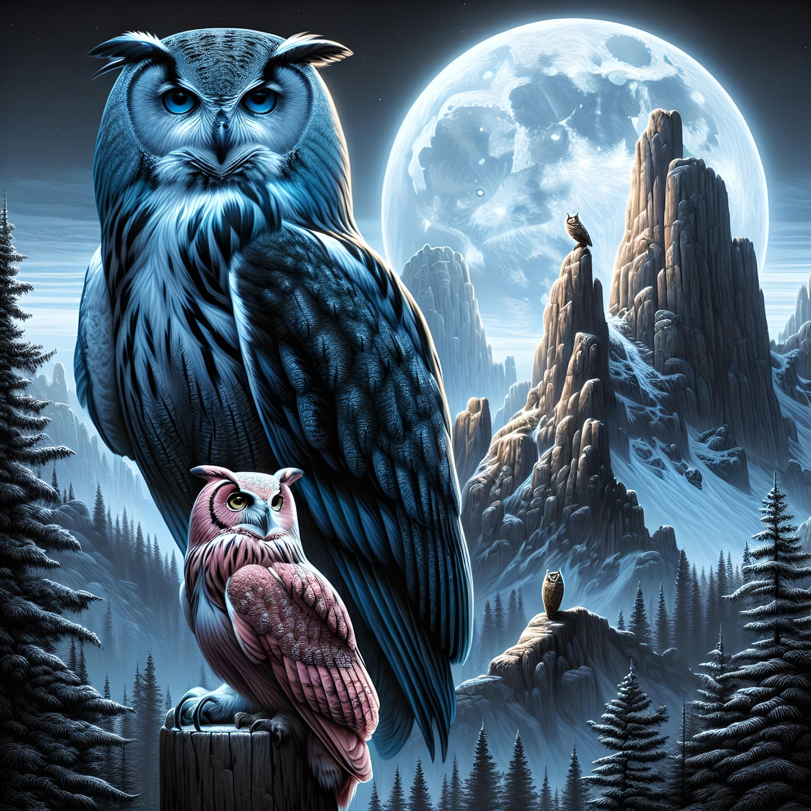 Pair of Owls Silhouetted Against a Moonlit Sky