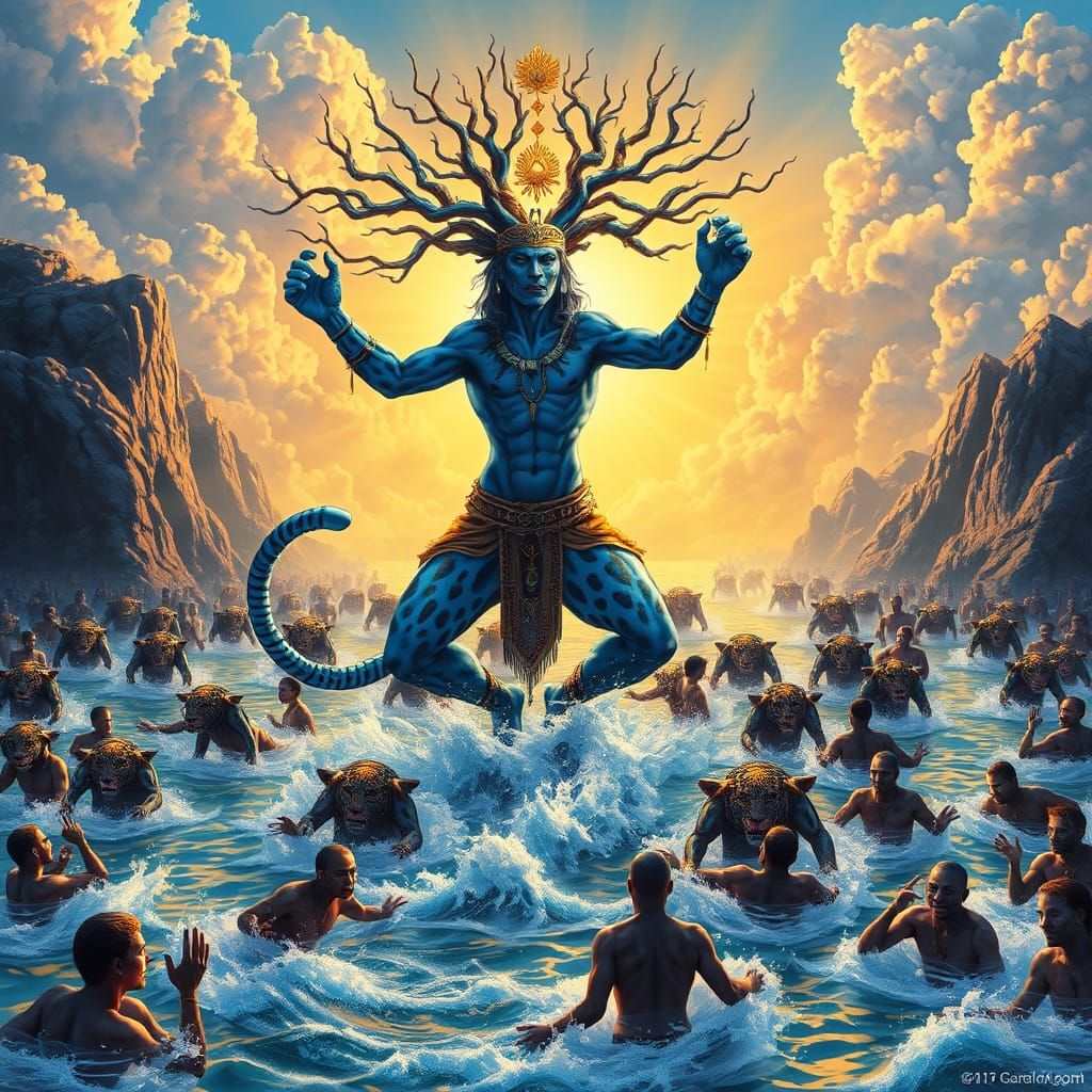 Blue Leopard Shaman Dances in Great Flood, Syd Mead Style