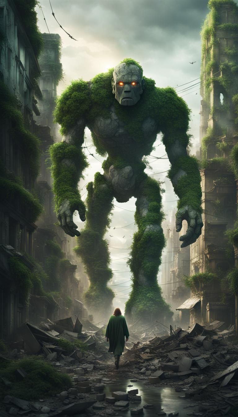 Stone Golem in Destroyed City: Digital Matte Painting