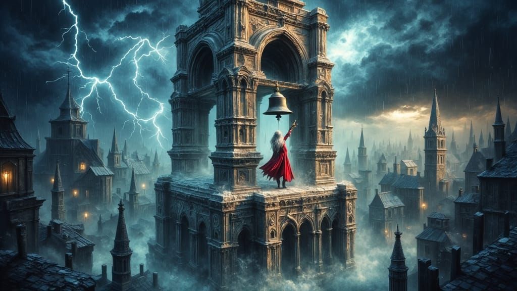 Tempestuous Oil Painting of Lone Figure on Bell Tower in Sto...