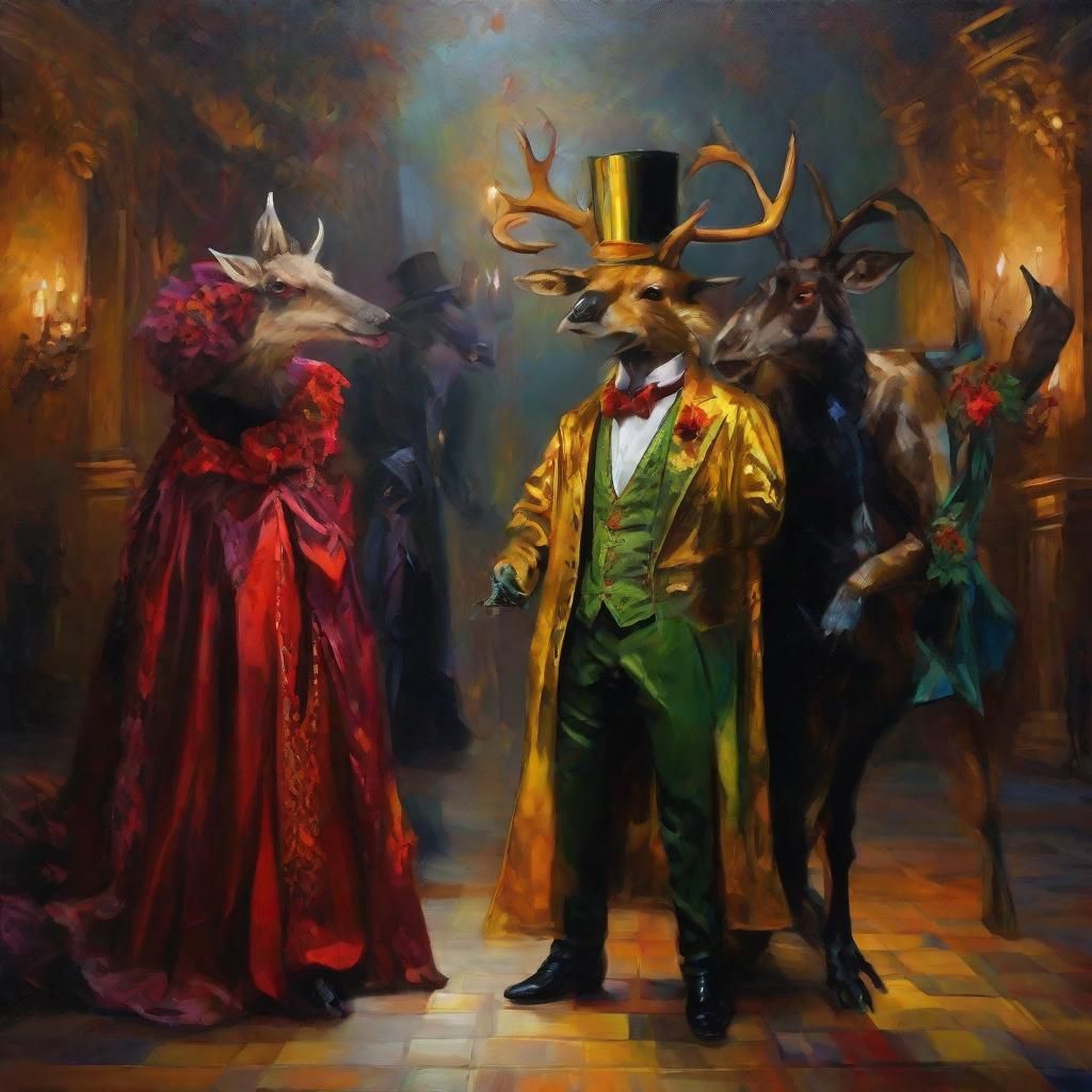 Masquerade Ball: Vampire, Stoat, and Moose in Oil Painting