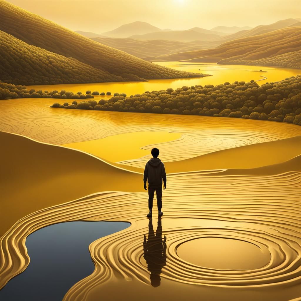 Surreal Metallic Landscape with Yellow Sky