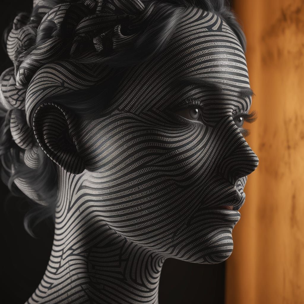 Woman's Face Made of Words in Black and White Optical Art St...