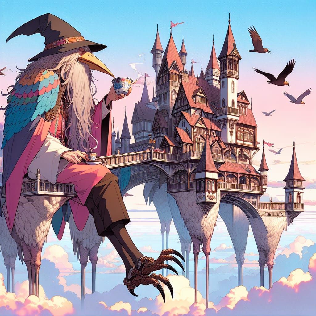 Whimsical Wizard Sips Tea on Towering Castle