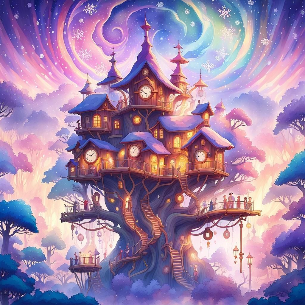 Arceus and Treehouse with Clock in Anime Style