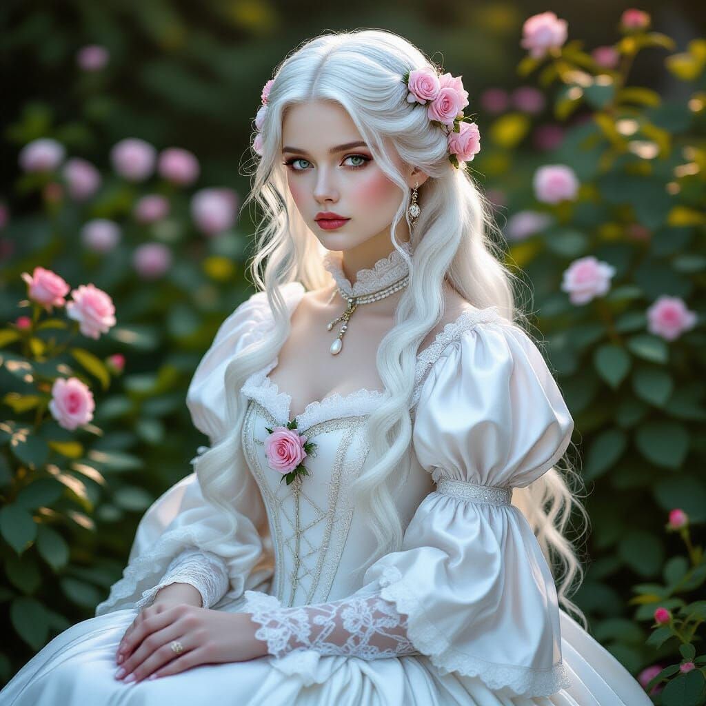 Albino Woman in White Victorian Gown Amidst Garden