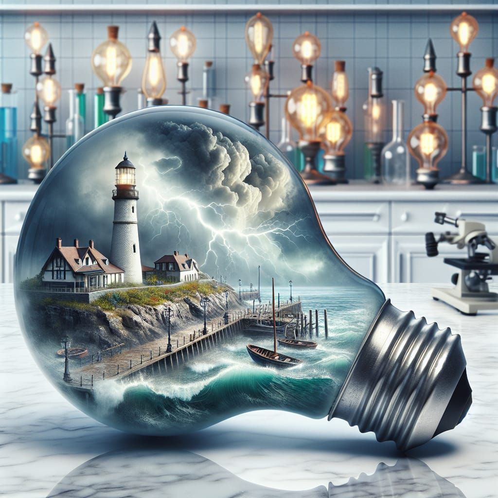 Island Lighthouse in Light Bulb, 3D Digital Art