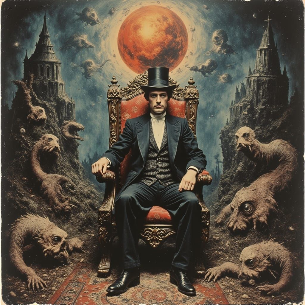H.P. Lovecraft, dressed in ornate, Victorian attire, sits upon a throne, surrounded by twisted, eerie creatures, amidst ...