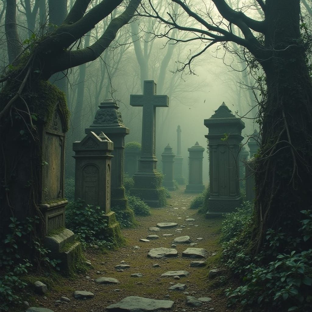 Eerie Graveyard with Vines in a Mystical Style