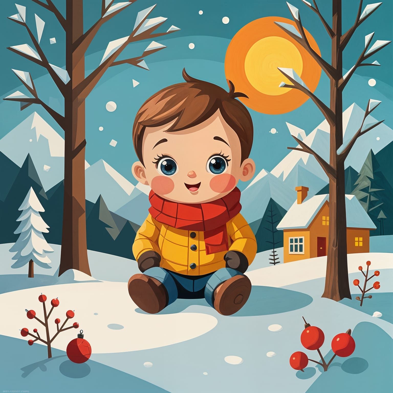 Childlike Cubist Winter and Summer Landscape with Ice and Fi...