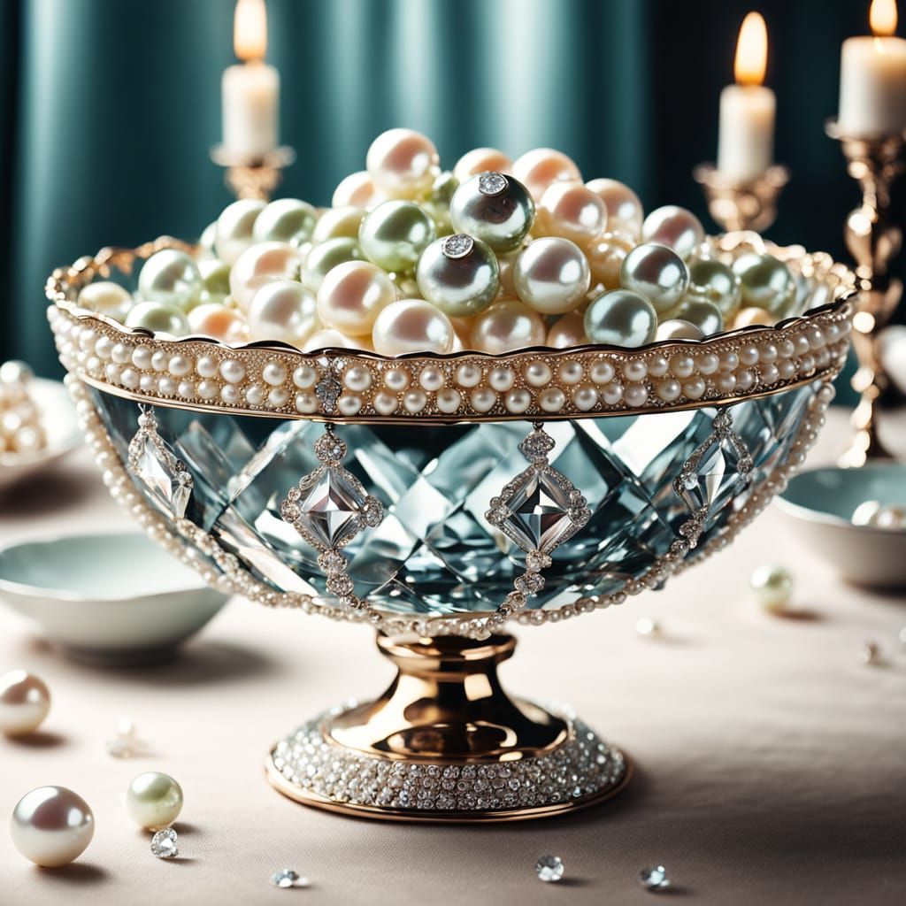 Luxury Diamond and Pearl Salad Bowl Still Life