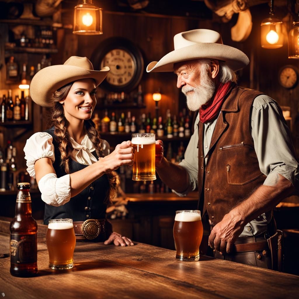 Barmaid Serves Cowboy in Wild West Saloon