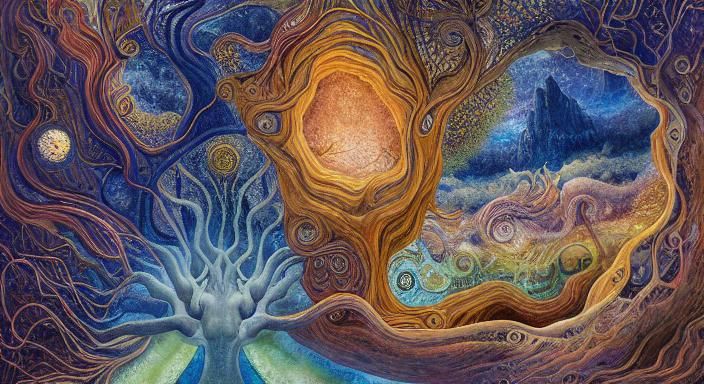 Surreal Celestial Art with Intricate Wood Carvings